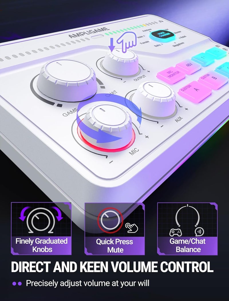 FIFINE خلاط صوتي للألعاب مع صوت محيطي 7.1 قناة - زر التحكم في الصوت - كتم الصوت - دردشة صوتية، خلاط كمبيوتر RGB مع واجهة ميكروفون XLR متوافق مع التلفاز للبث المباشر - AmpliGame SC8W - Image 3